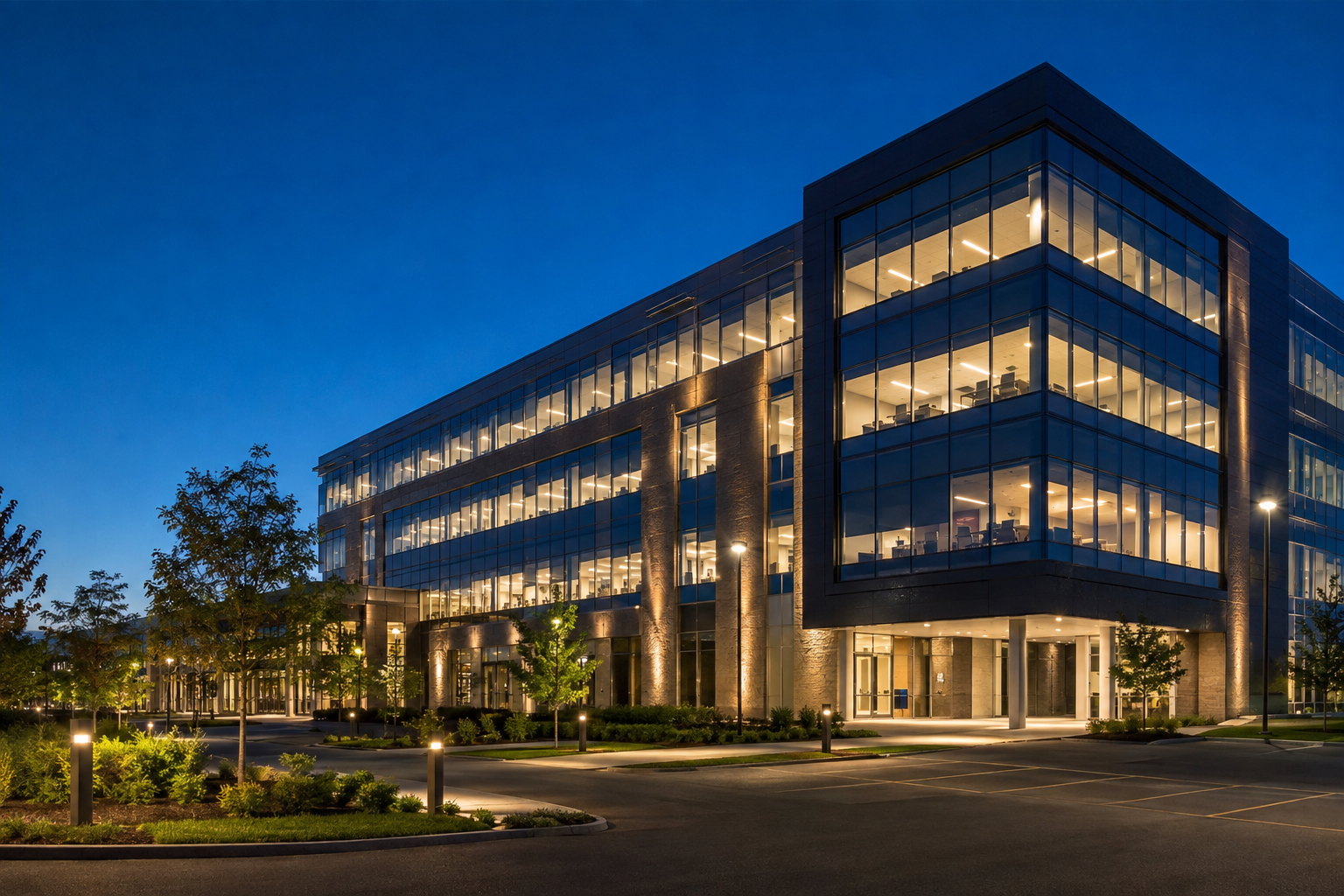 Modern commercial building with professionally designed exterior and interior lighting at dusk