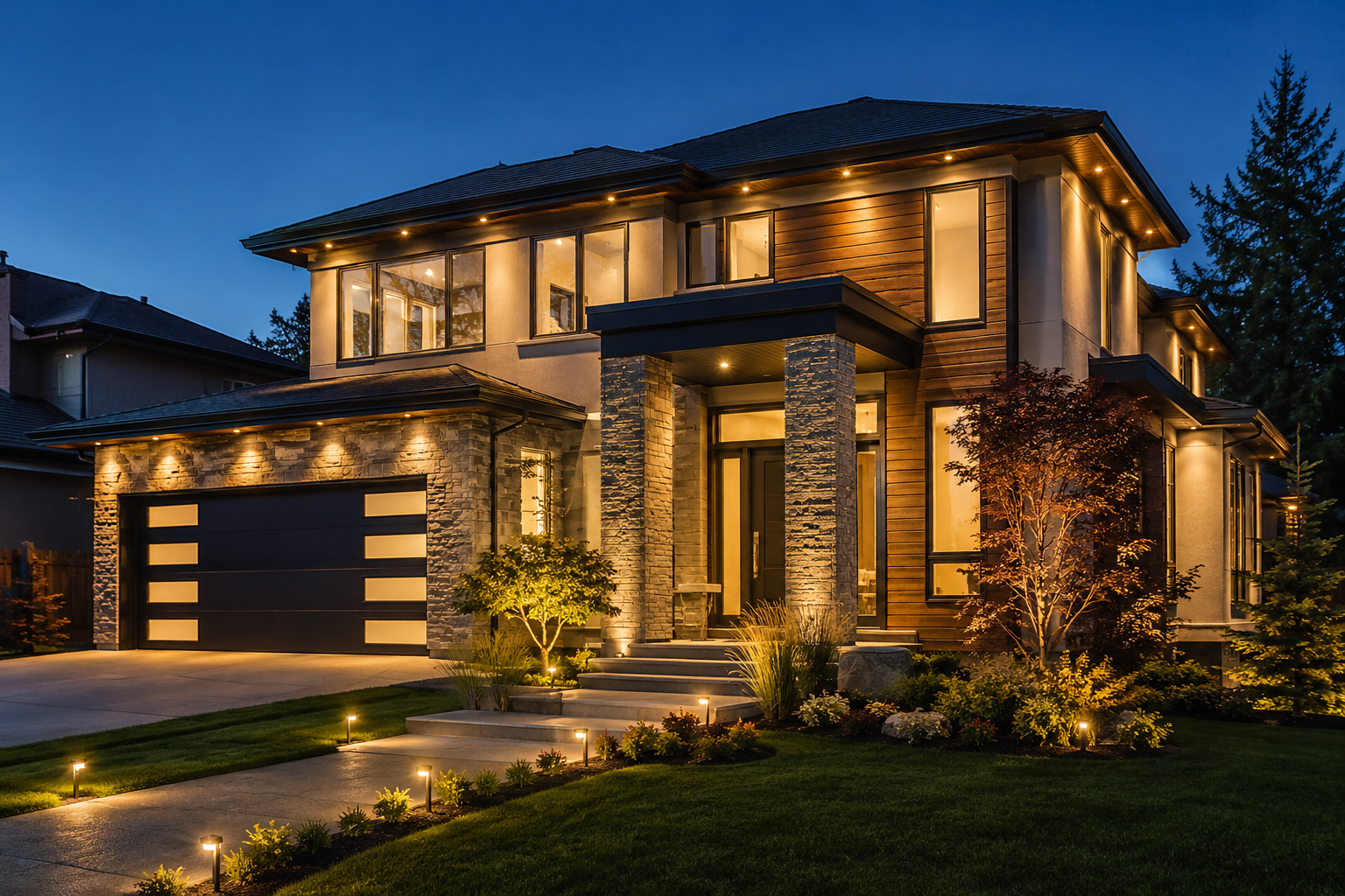 Modern residential home with warm exterior, entrance, pathway, and landscape lighting at dusk